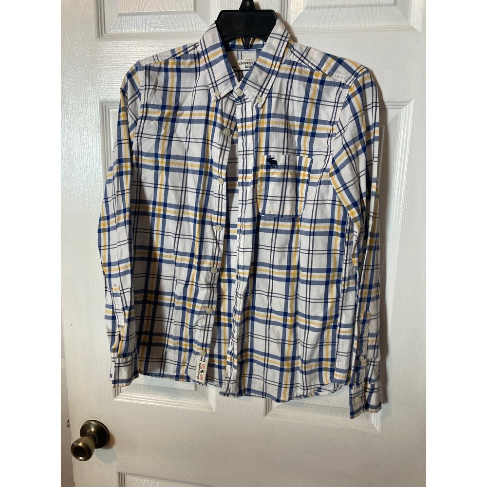 Abercrombie Kids Boys Plaid Button Down Shirt White Navy Yellow Long Sleeve Sz S